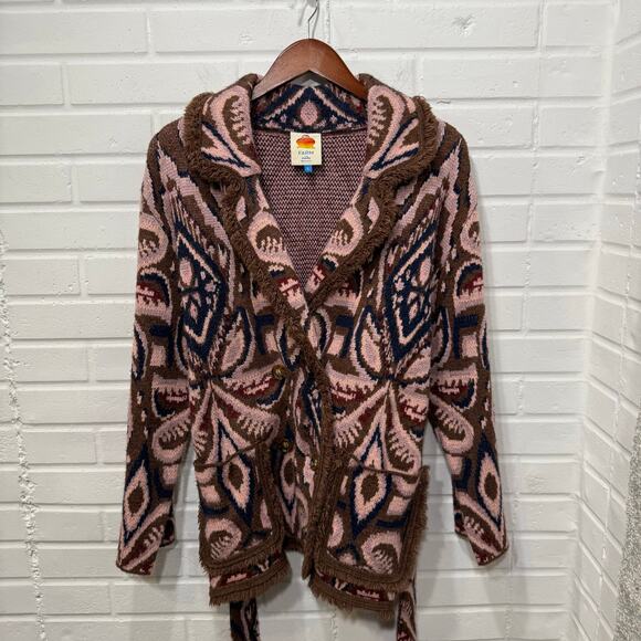 Farm Rio Ikat Pineapple Knit Blazer Cardigan Wool Blend Belt Pink Brown Sml Boho - Picture 7 of 16